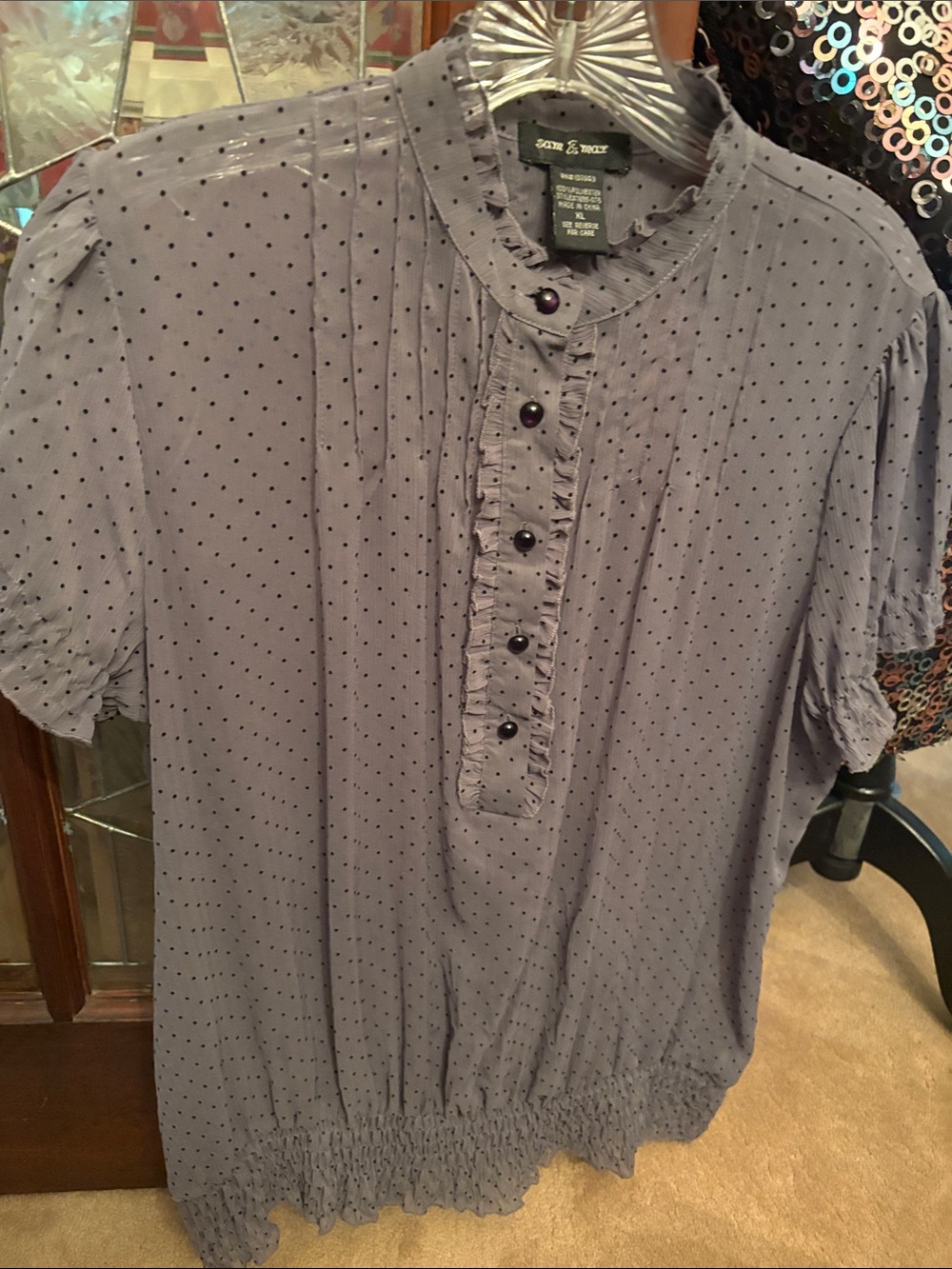 Sami & Jo Gray  Dotted Swiss Short-Sleeve Ruffle Button Shirt with Black Dots
